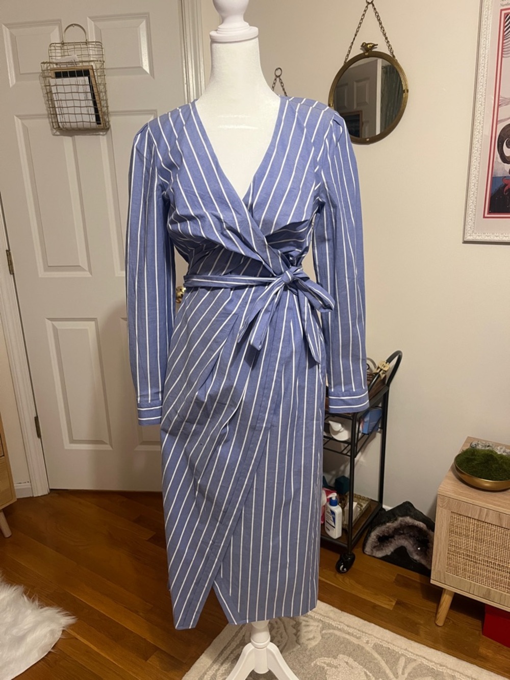 LOFT Blue and White Striped Wrap Midi Dress